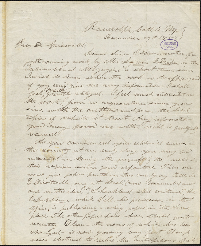 Charles Aldrich, Randolph, NY., autograph letter signed to R. W. Griswold, 27 December 1851