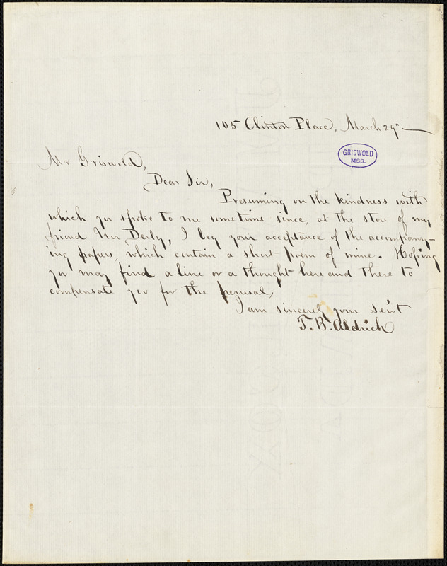Thomas Bailey Aldrich, 105 Clinton Pl., autograph letter signed to R. W. Griswold, 29 March