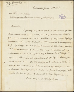 Archibald Alexander, Princeton, NJ., autograph letter signed to Thomas W. White, 25 June 1836