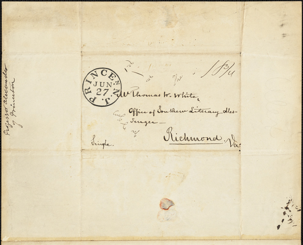 Archibald Alexander, Princeton, NJ., autograph letter signed to Thomas W. White, 25 June 1836