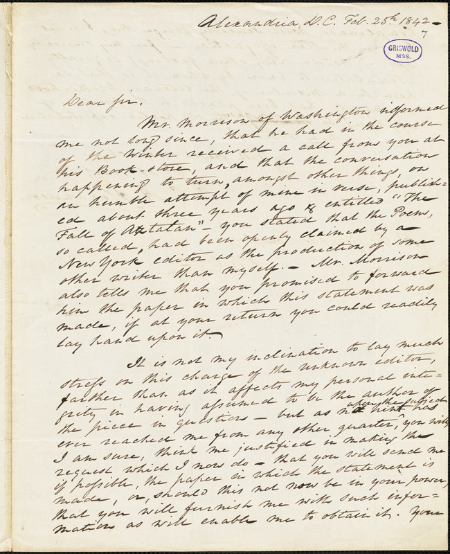Charles Armistead Alexander, Alexandria, DC., autograph letter signed to R. W. Griswold, 25 February 1842