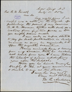 W. R. Andrews, Avon Springs, NY., autograph letter signed to R. W. Griswold, 11 July 1852