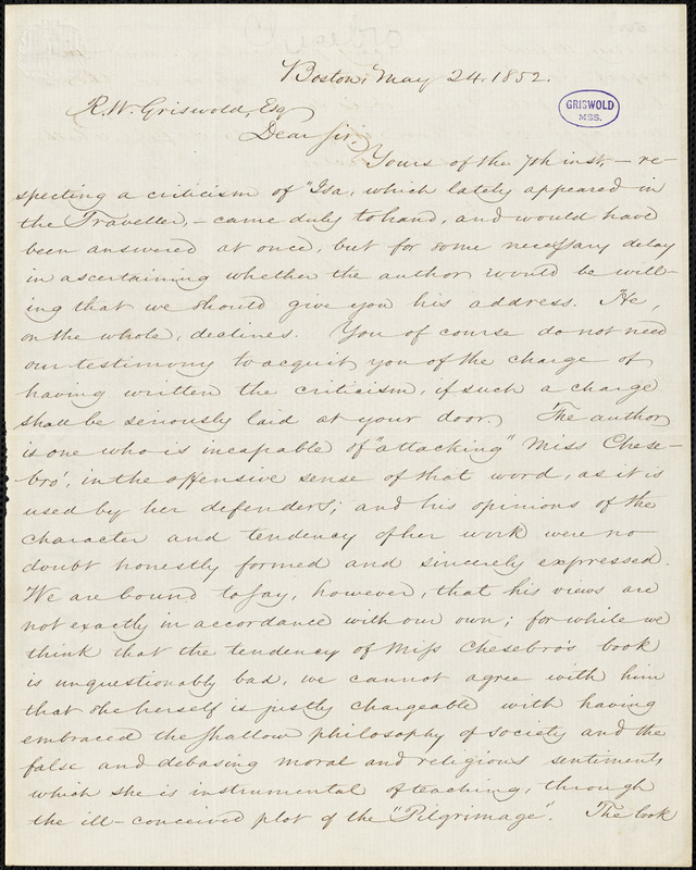 Andrews and Punchard, editors of the Boston Traveller, Boston, MA., autograph letter signed to R. W. Griswold, 24 May 1852