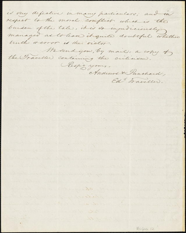 Andrews and Punchard, editors of the Boston Traveller, Boston, MA., autograph letter signed to R. W. Griswold, 24 May 1852