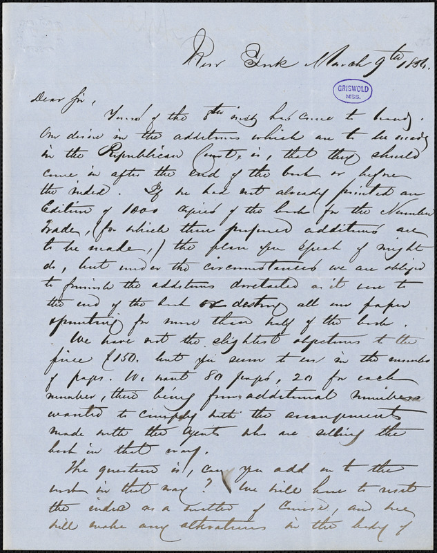 D. Appleton, New York, autograph letter signed to [R. W. Griswold], 9 March 1856
