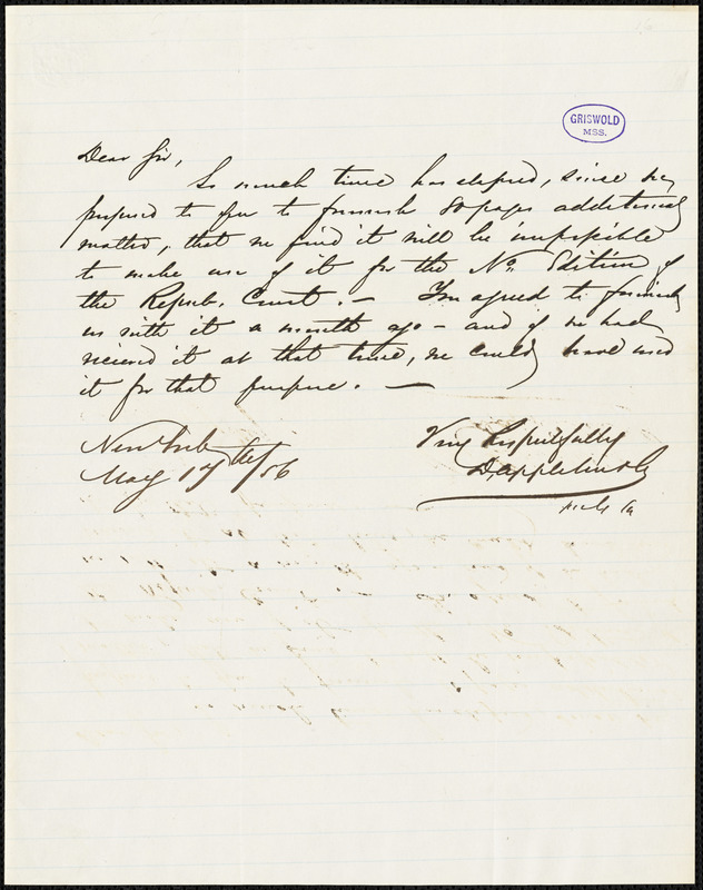 D. Appleton, New York, autograph letter signed to [R. W. Griswold], 17 May 1856