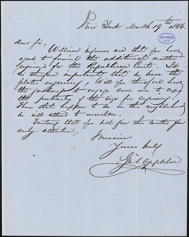 George Swett Appleton, New York, autograph letter signed to R. W. Griswold, 19 March 1856