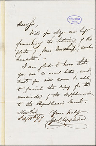 George Swett Appleton, New York, autograph letter signed to [R. W. Griswold], 10 February 1857