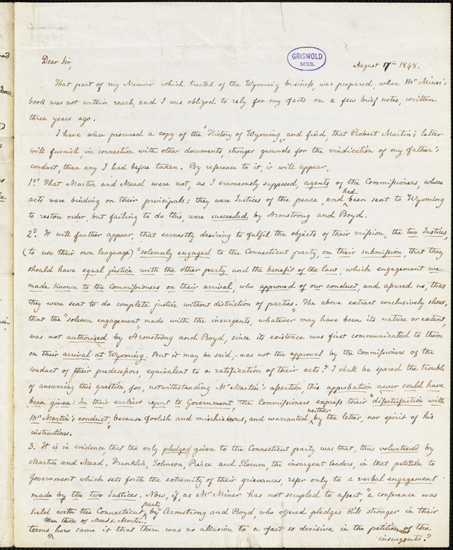 K[osciuszko] Armstrong autograph letter signed to R. W. Griswold, 17 August 1848