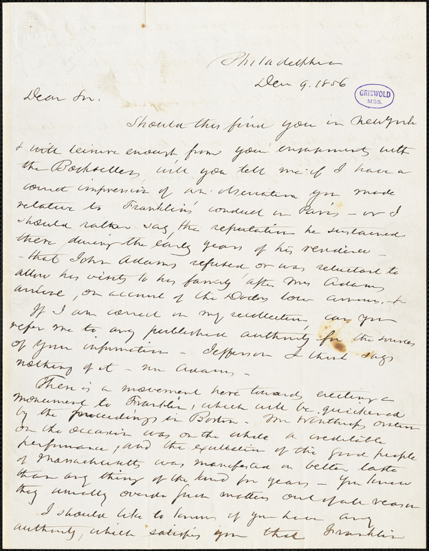 John M. Atwood, Philadelphia, PA., autograph letter signed to R. W. Griswold, 9 December 1856