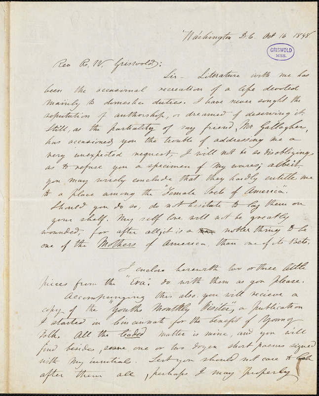 Margaret Lucy (Shands) Bailey, Washington, DC., autograph letter signed to R. W. Griswold, 16 October 1848