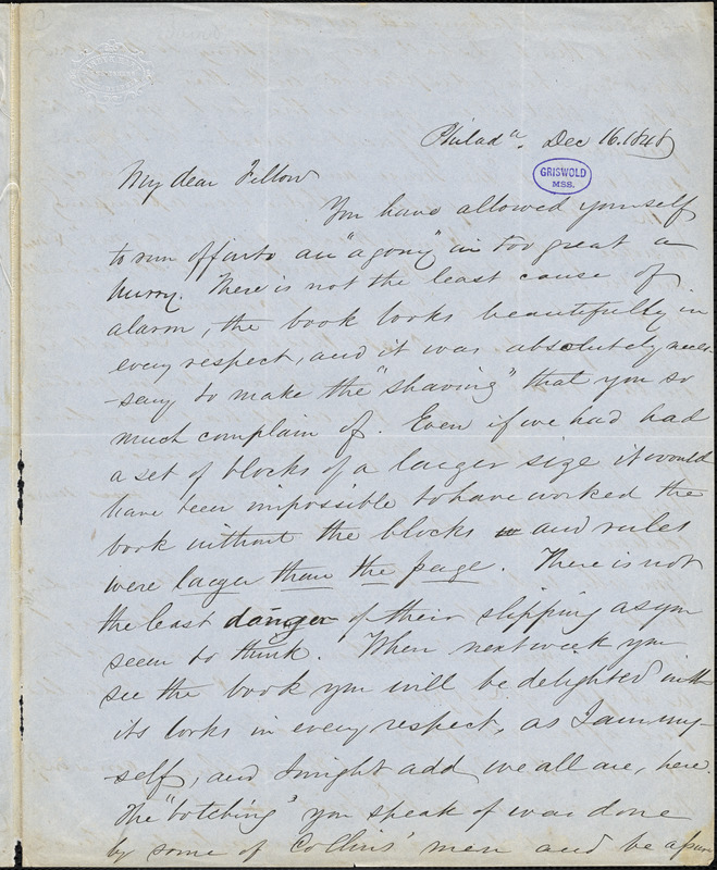 Henry Cary Baird, Philadelphia, PA., autograph letter signed to R. W. Griswold, 16 December 1848
