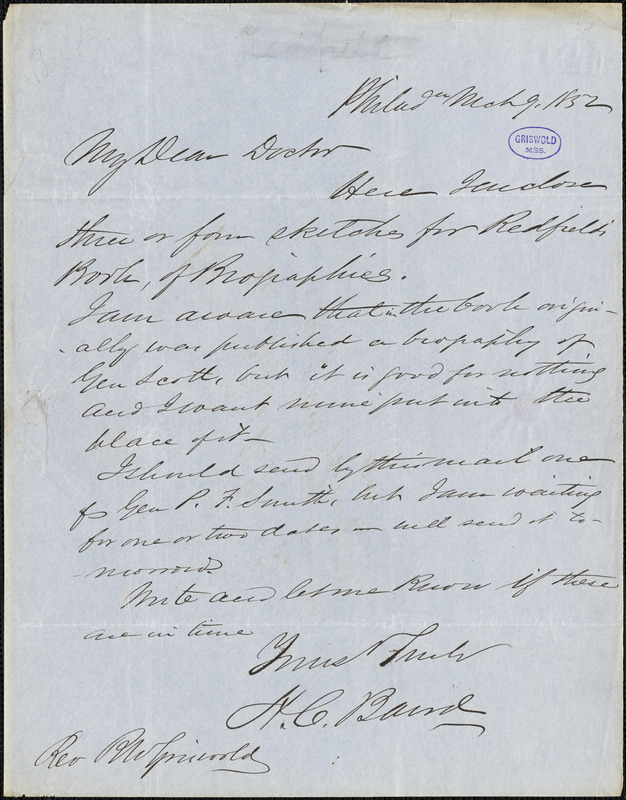 Henry Cary Baird, Philadelphia, PA., autograph letter signed to R. W. Griswold, 9 March 1852