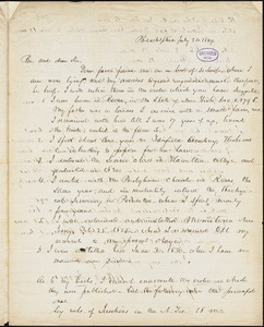 Albert Barnes, Philadelphia, PA., autograph letter signed to R. W. Griswold, 20 July 1849
