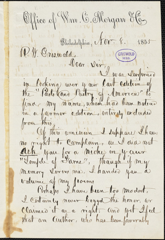 David Bates, Philadelphia, PA., autograph letter signed to R. W. Griswold, 8 November 1855