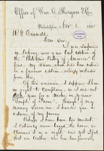 David Bates, Philadelphia, PA., autograph letter signed to R. W. Griswold, 8 November 1855