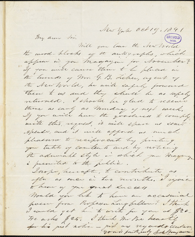 Park Benjamin, New York, autograph letter signed to George R. Graham, 19 October 1841