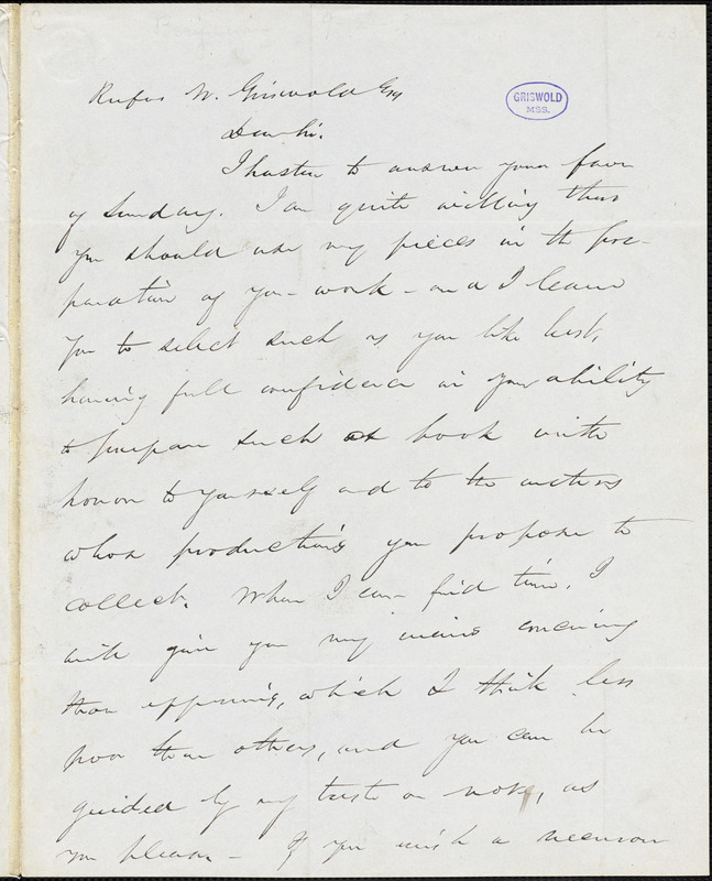 Park Benjamin, New York, autograph letter signed to R. W. Griswold, 9 February [1841?]