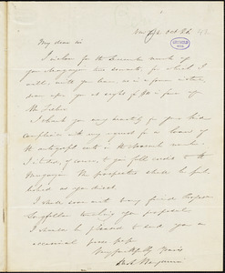 Park Benjamin, New York, autograph letter signed to George R. Graham, 26 October [1842?]