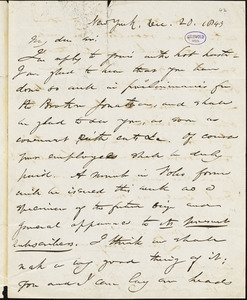 Park Benjamin, New York, autograph letter signed to R. W. Griswold, 20 December 1843