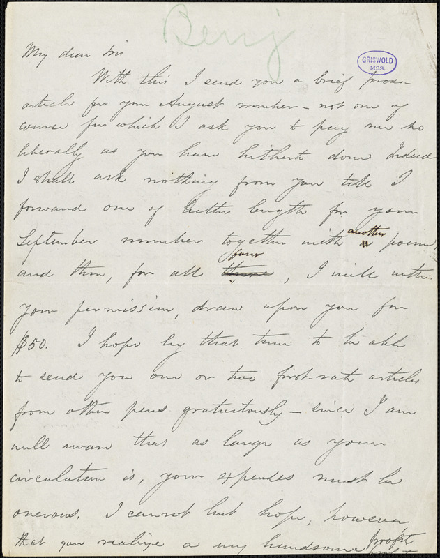 Park Benjamin, New York, autograph letter signed to [George R. Graham], 19 June