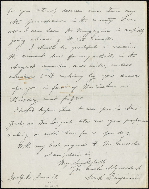 Park Benjamin, New York, autograph letter signed to [George R. Graham], 19 June