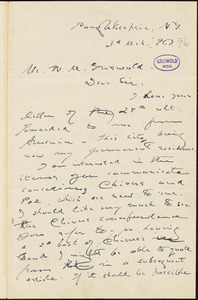 Joel Benton, Poughkeepsie, NY., autograph letter signed to W. M. Griswold, 3 March 1896
