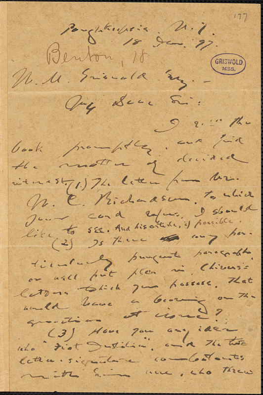 Joel Benton, Poughkeepsie, NY., autograph letter signed to W. M. Griswold, 18 January 1897