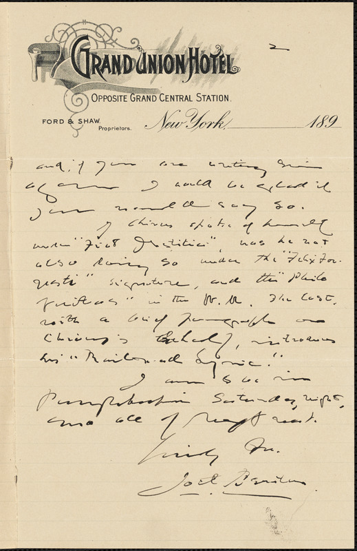 Joel Benton, New York, autograph letter signed to [W. M. Griswold], 21 January 1897