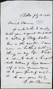 G. W. Binner, Baltimore, MD., autograph letter signed to [Furness?], 19 July 1846