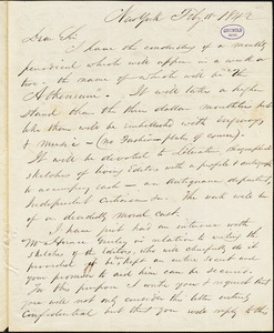 Lucian I. Bisbee, New York, autograph letter signed to R. W. Griswold, 18 February 1842