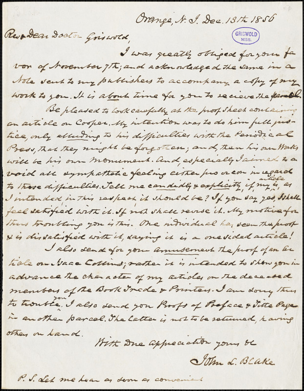John Lauris Blake, Orange, NJ., autograph letter signed to R. W. Griswold, 13 December 1856