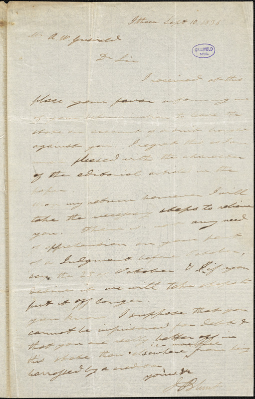 Joseph Blunt, Ithaca, NY., autograph letter signed to R. W. Griswold, 10 September 1836