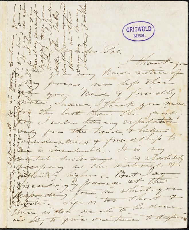 Anne Charlotte (Lynch) Botta autograph letter signed to Edgar Allan Poe, [1848?]