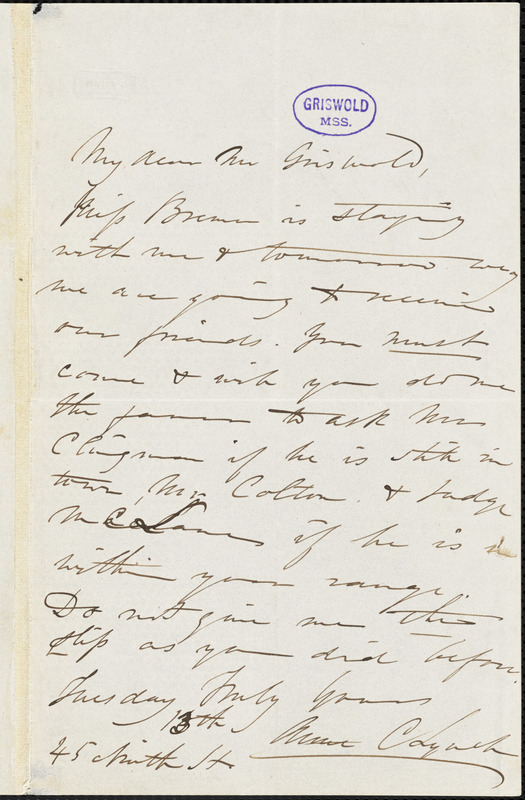 Anne Charlotte Botta, 45 Ninth St., autograph letter signed to R. W. Griswold, 13 July