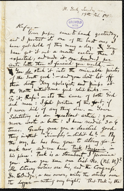 Obadiah Allen Bowe, New York, autograph letter signed to R. W. Griswold, 13 February 1838
