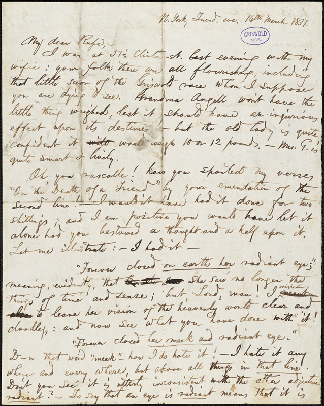 Obadiah Allen Bowe, New York, autograph letter signed to R. W. Griswold, 14 March [1838]