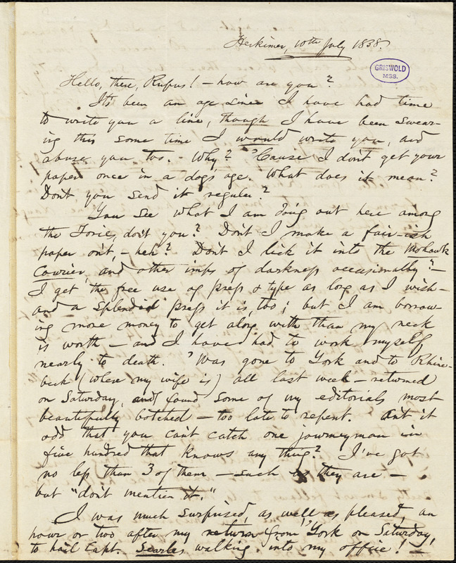 Obadiah Allen Bowe, Herkimer, NY., autograph letter signed to R. W. Griswold, 10 July 1838