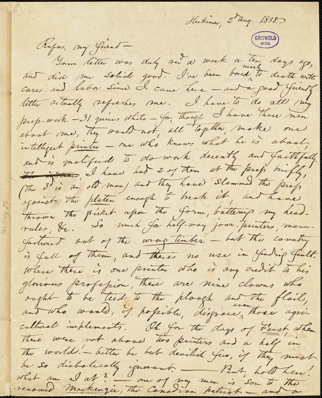Obadiah Allen Bowe, Herkimer, NY., autograph letter signed to R. W. Griswold, 2 August 1838