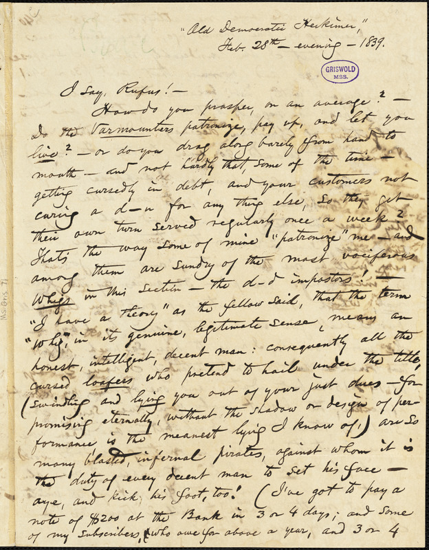 Obadiah Allen Bowe, Herkimer, NY., autograph letter signed to R. W. Griswold, 28 February 1839