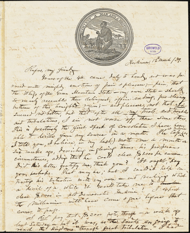 Obadiah Allen Bowe, Herkimer, NY., autograph letter signed to R. W. Griswold, 12 March 1839