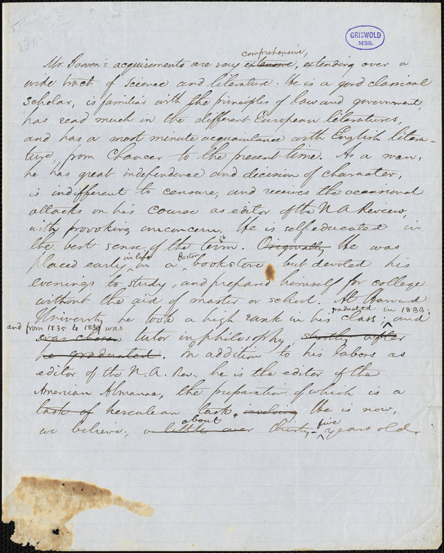 Francis Bowen manuscript draft, writer unidentified