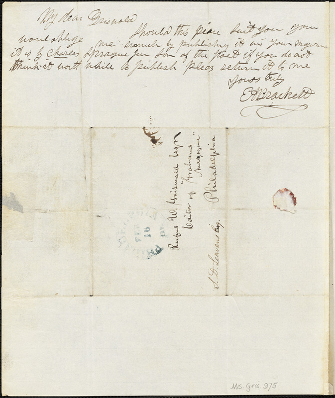 Edward Augustus Brackett autograph letter signed to R. W. Griswold, 16 February [1843?]