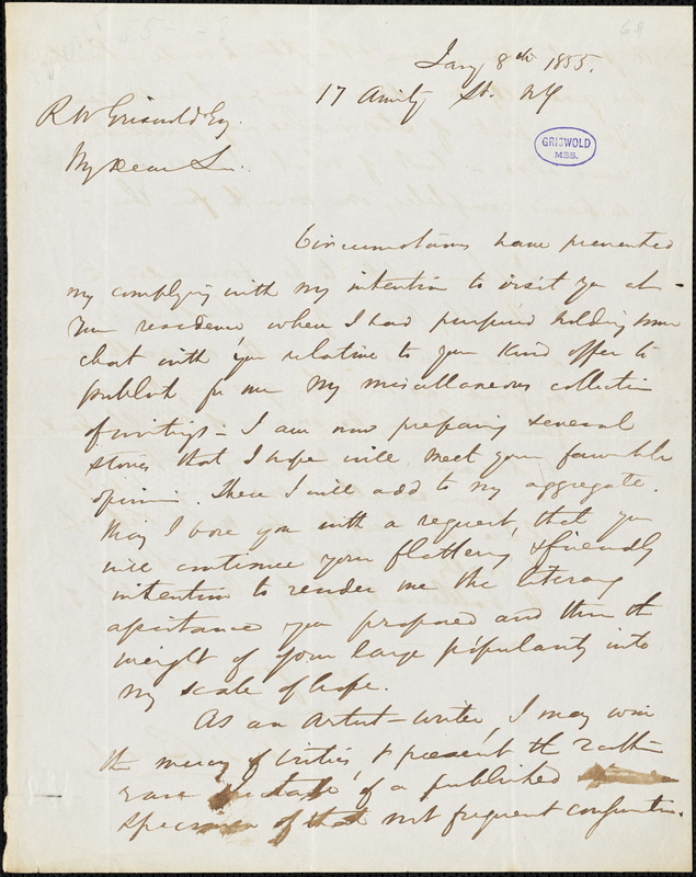 Henry Johnson Brent, New York, autograph letter signed to R. W. Griswold, 8 January 1855