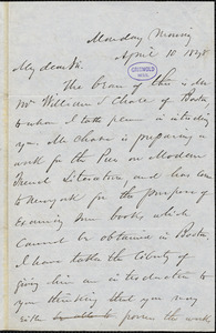 Charles Frederick Briggs autograph letter signed to R. W. Griswold, 10 April 1848