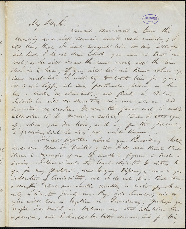 Charles Frederick Briggs, autograph letter signed to R. W. Griswold, [6 August 1848?]