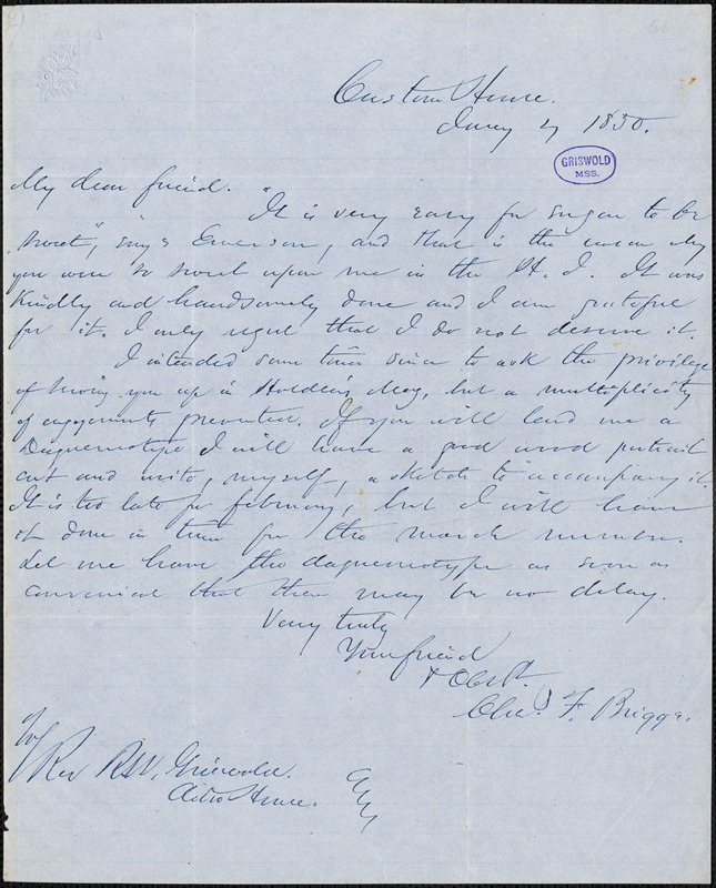 Charles Frederick Briggs, Custom House, autograph letter signed to R. W. Griswold, 4 January 1850