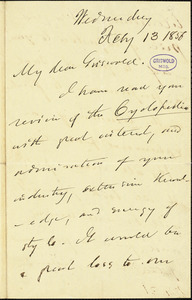 Charles Frederick Briggs autograph letter signed to R. W. Griswold, 13 February 1856