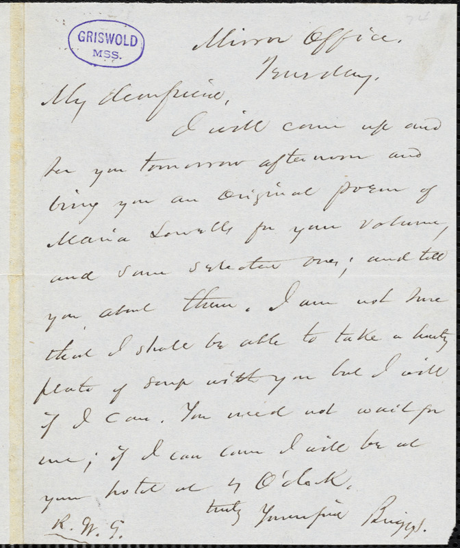 Charles Frederick Briggs, Mirror office, Tuesday, autograph letter signed to R. W. Griswold