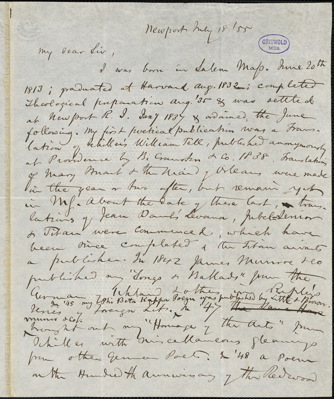 Charles Timothy Brooks, Newport, RI., autograph letter signed to R. W. Griswold, 13 July 1855